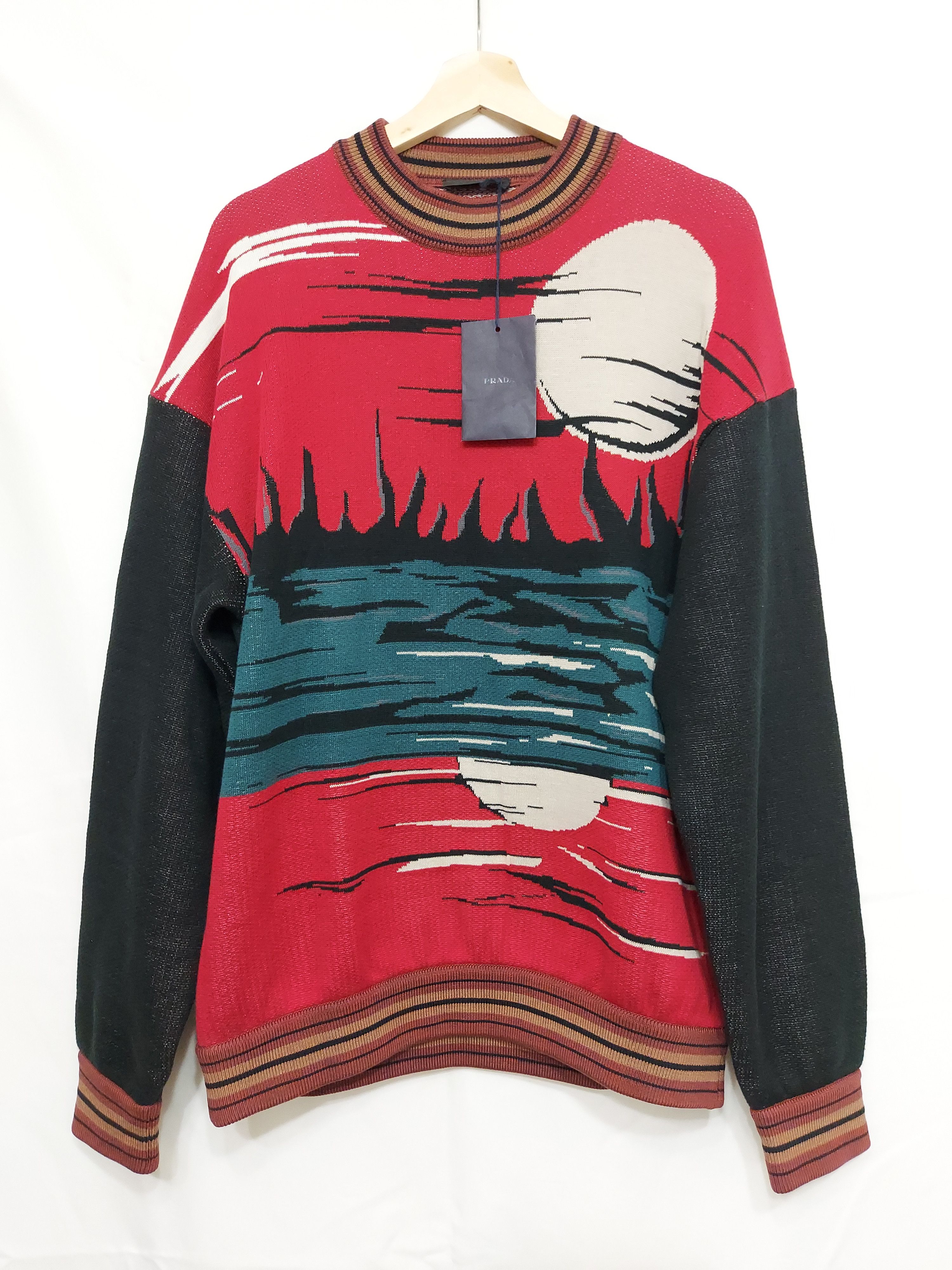 Pre-owned Prada Ss14 Sunset Landscape Print Knit Sweater In Red Black