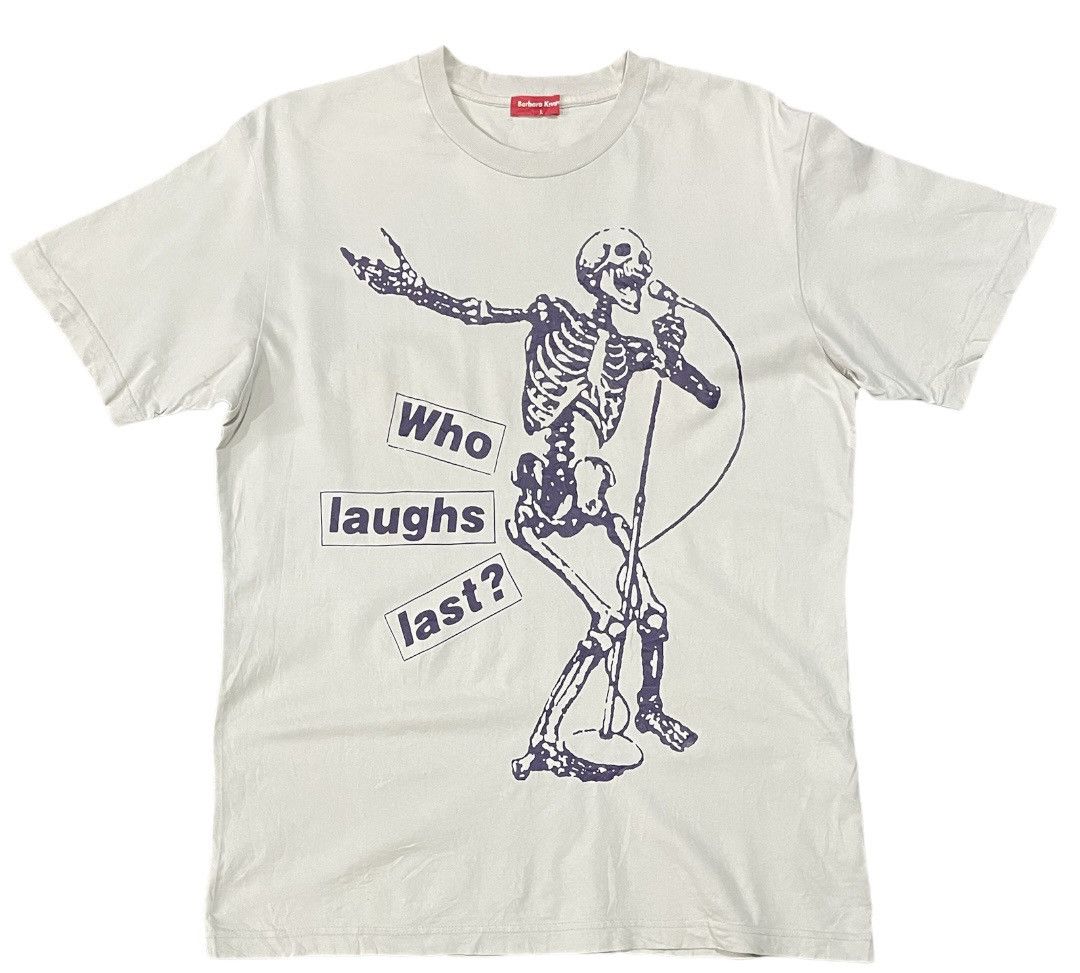 Barbara Kruger Who Laughs Last Singing Skeleton Bones Tee