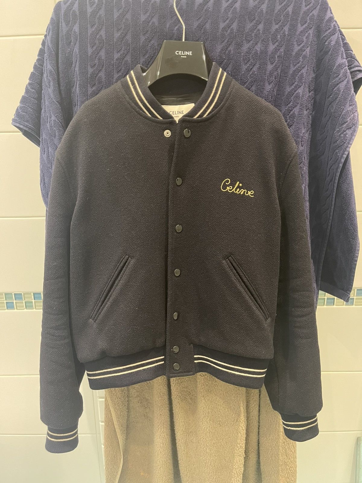 Image of Celine Céline Varsity Jacket in Dark Blue, Men's (Size XS)