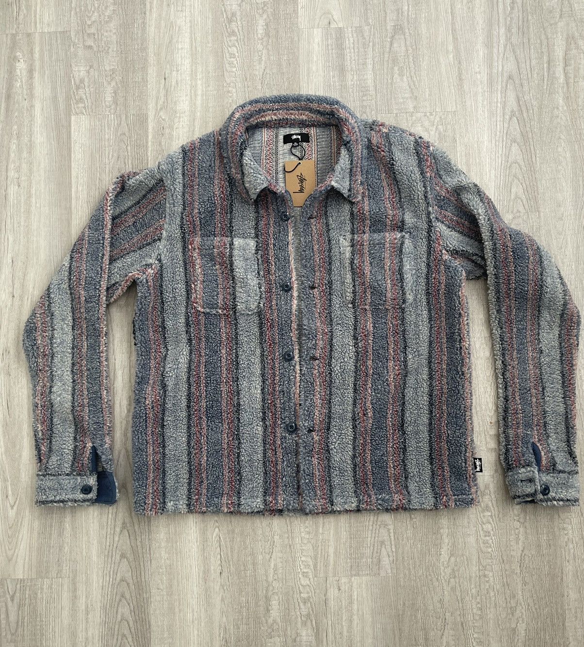 image of Stussy Striped Fleece Long sleeve Over Shirt Jacket XL OG in Blue, Men's