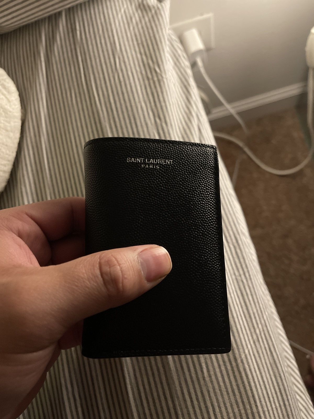 saint laurent paris credit card wallet in grain de poudre embossed leather