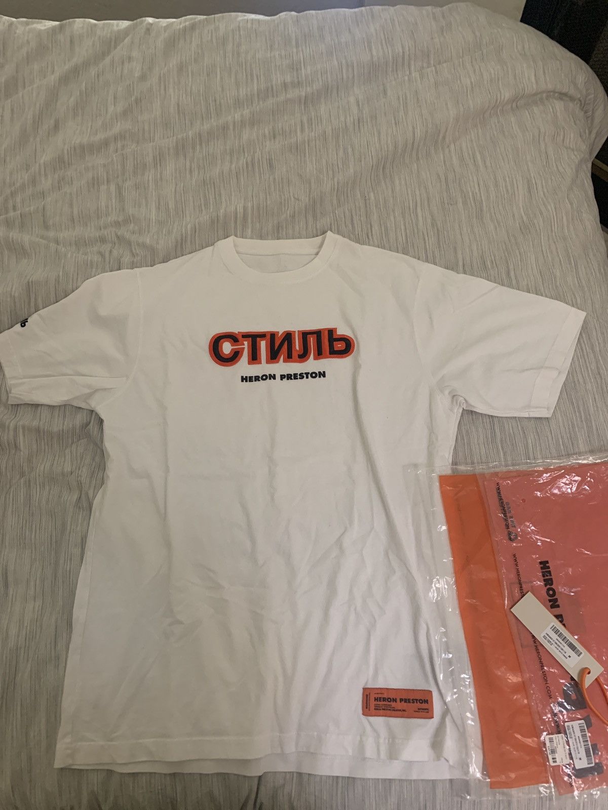 image of Heron Preston Satin Ctnmb Ss T-Shirt White Orange, Men's (Size Medium)