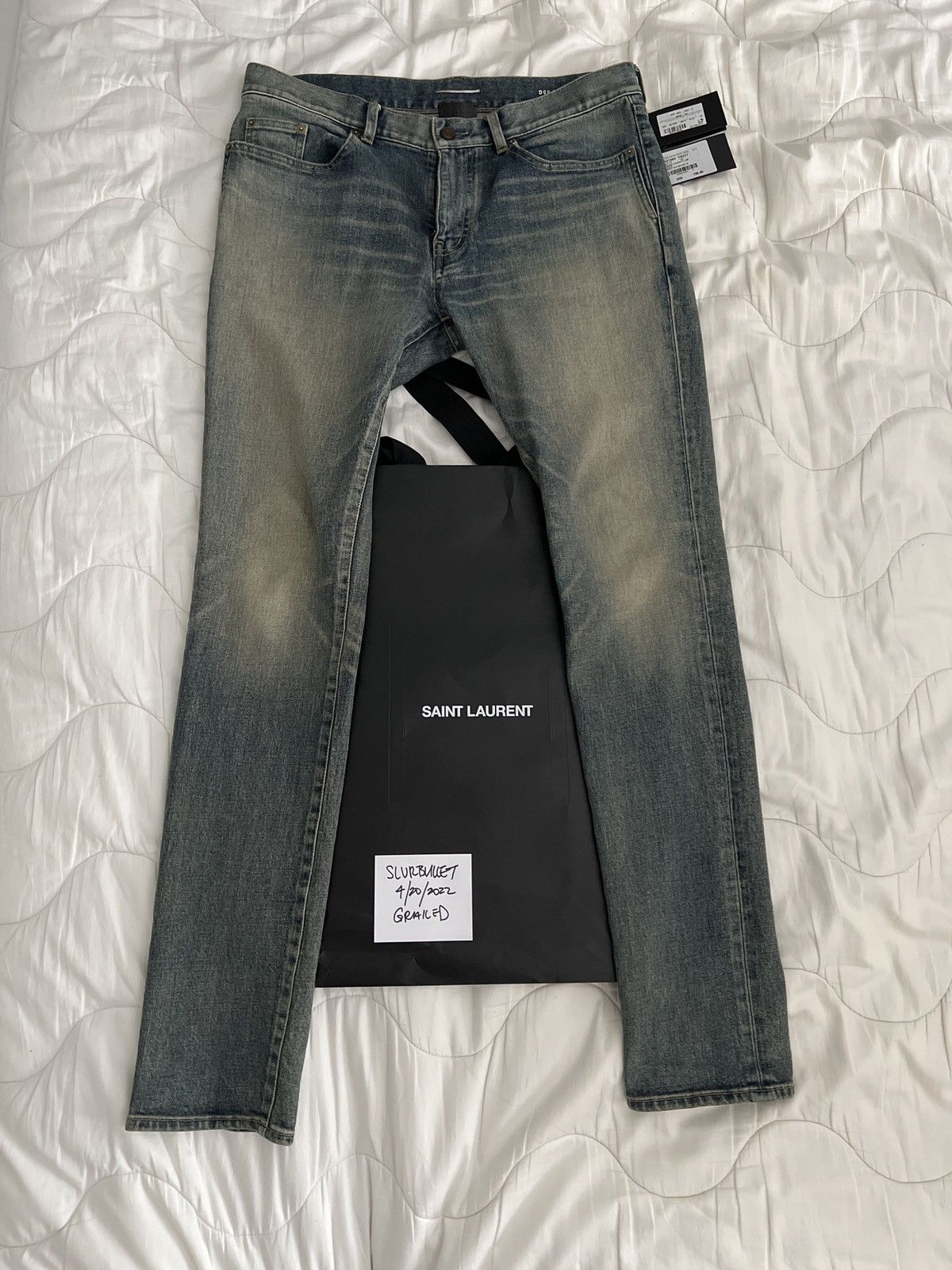 Image of Saint Laurent Paris YSL Saint Laurent Skinny 5 Pockets Men Jean Size 34 in Dirty Old Vintage Blue