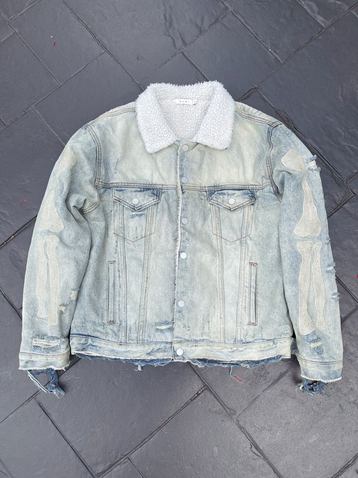 MNML Mnml Light Wash Denim Sherpa Trucker Jean Jacket Skeleton