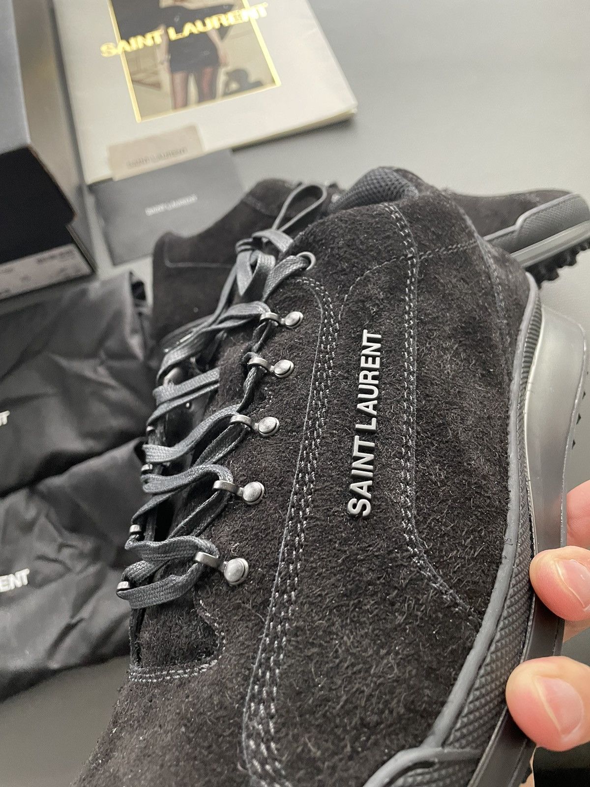 Hedi Slimane × Saint Laurent Paris × Yves Saint Laurent Rare Brand New Super Runway Jump Suede Logo Leather Sneaker Size US 12 / EU 45 - 17 Thumbnail