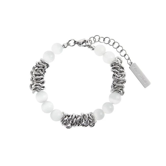 Jewelry × Vintage Trendy White Beaded Titanium Steel Chain Bracelet Size ONE SIZE - 1 Thumbnail