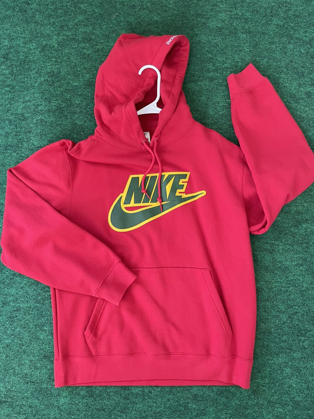 Nike x Supreme Leather Applique Hoodie Sweatshirt Red FW19 Mens Sz M