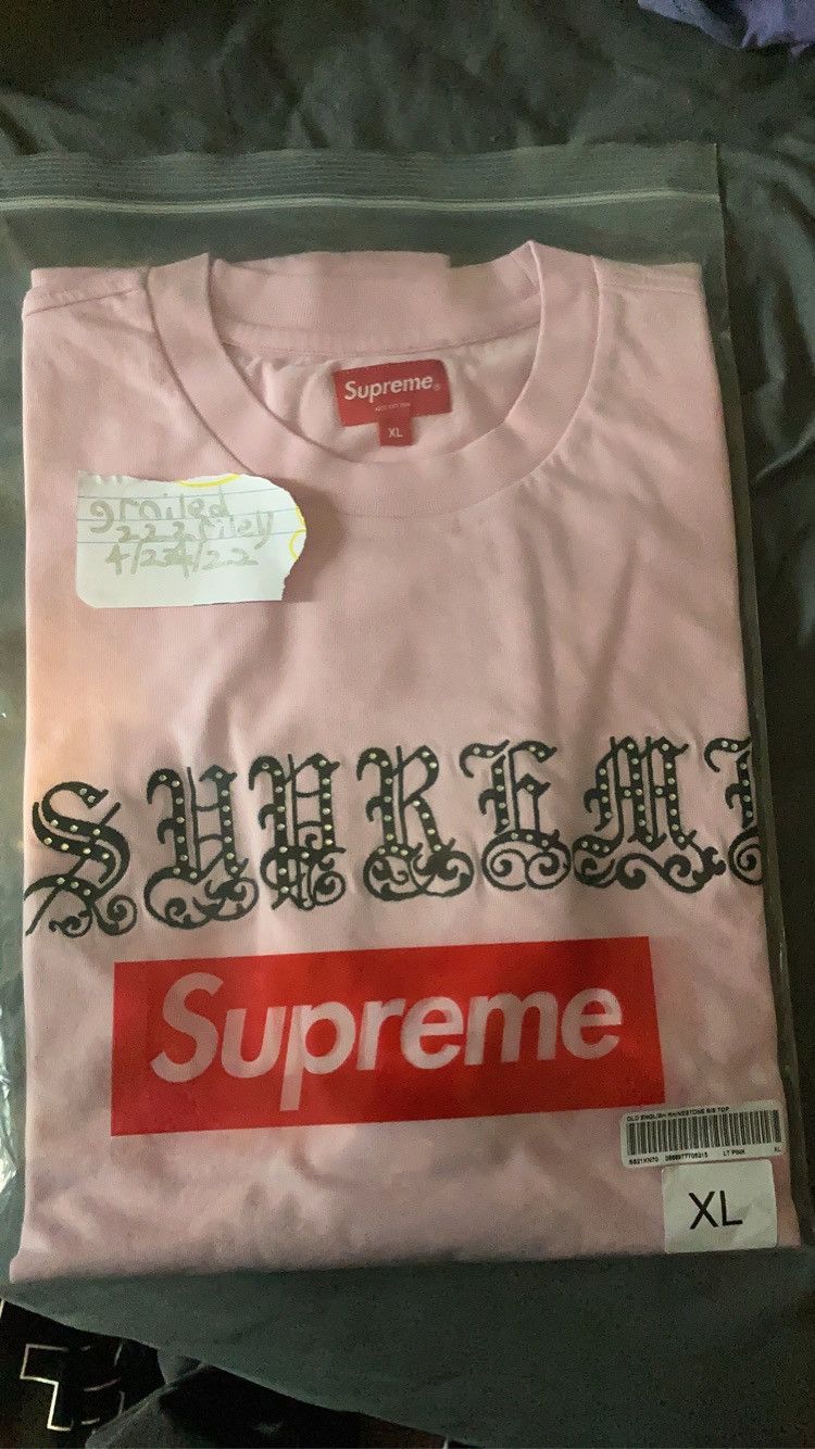Supreme Supreme Old English Rhinestone S/S Light Pink Top