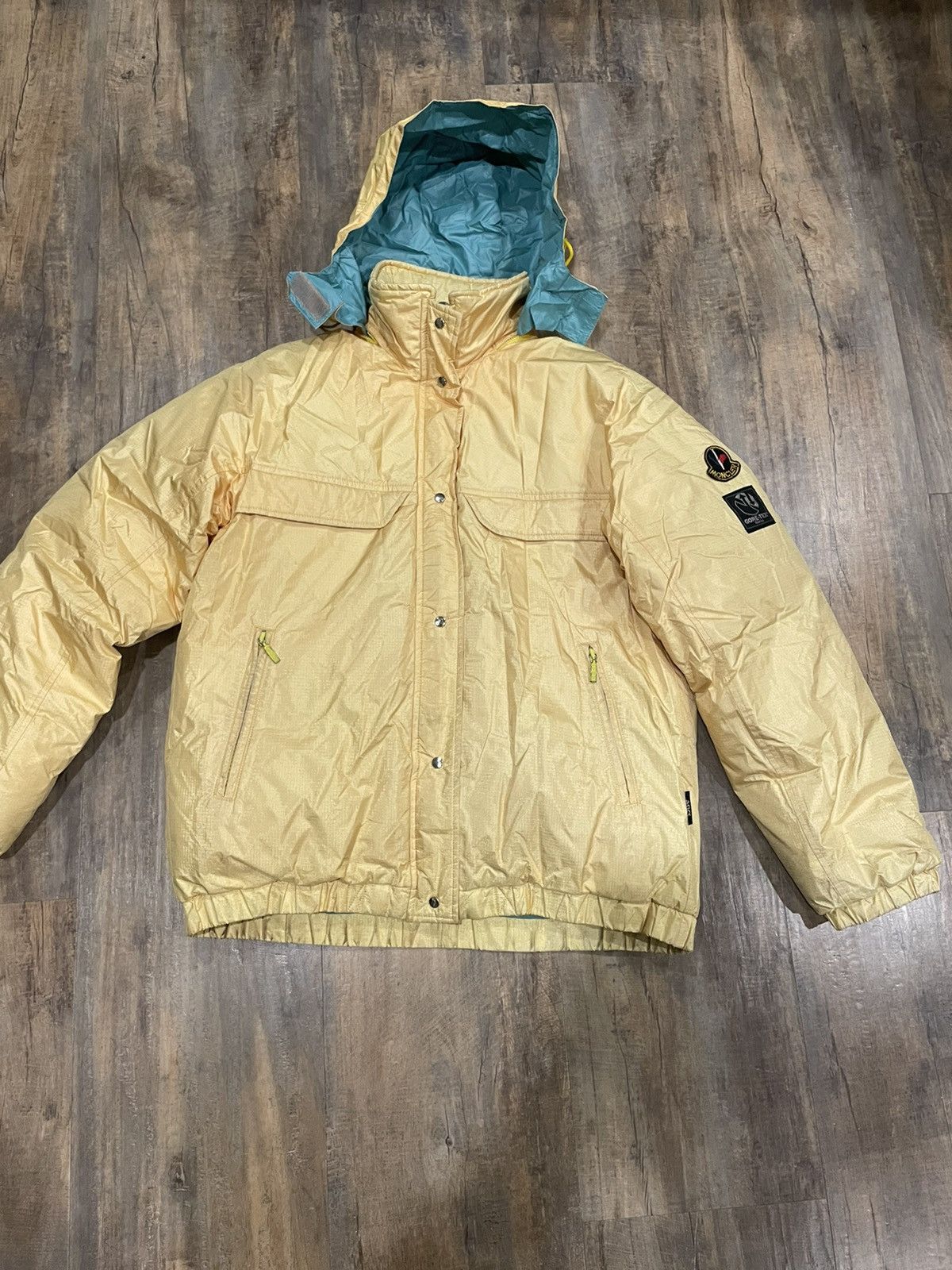 Moncler Yellow Down Fill Puffer Jacket Embroidered Logo