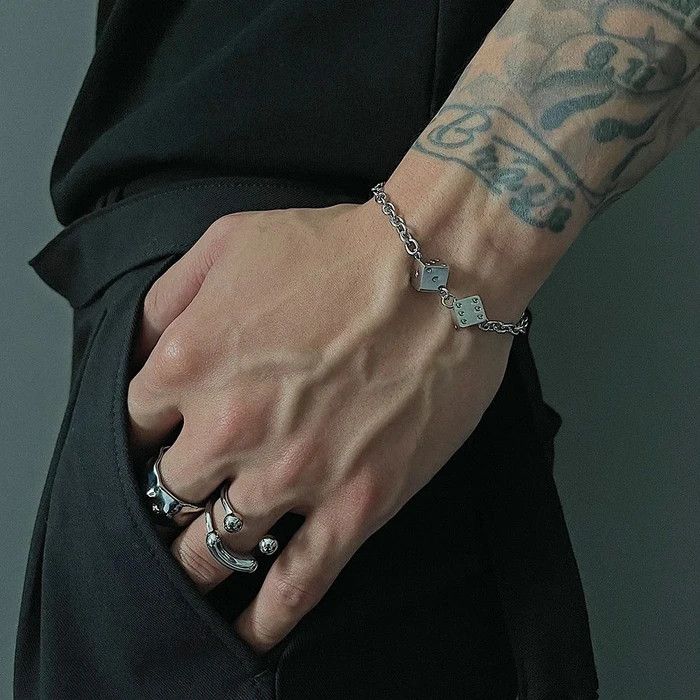 Jewelry × Vintage Fashion Titanium Silver Letter Dice Pendant Bracelet Size ONE SIZE - 3 Thumbnail