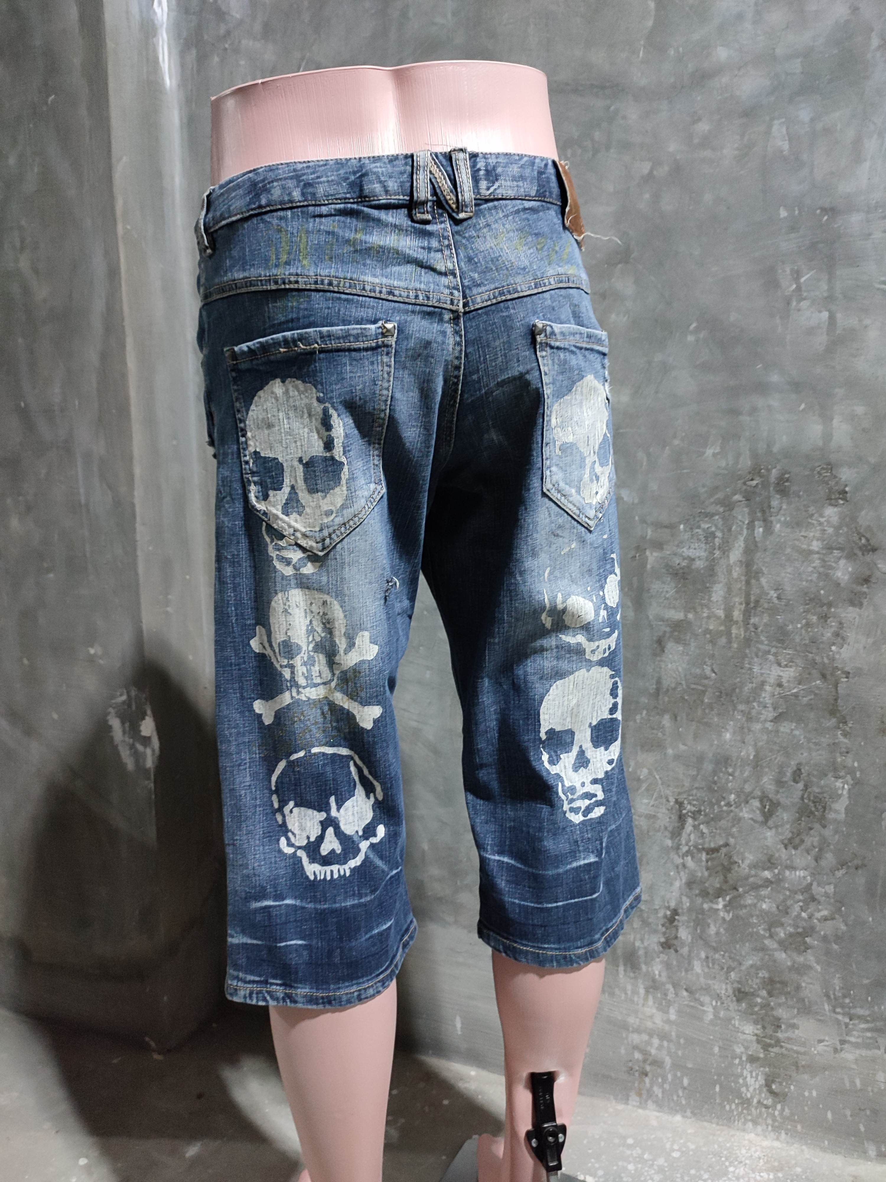 Japanese Brand Justice Skull jhorts Distressed Denim Punk Bondage Size US 31 - 11 Thumbnail