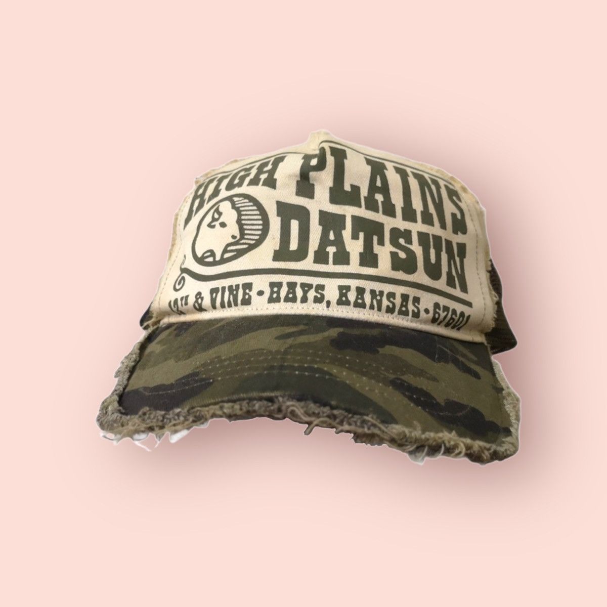 image of Basiquenti Distressed Camo Trucker Snapback in Green/White, Men's