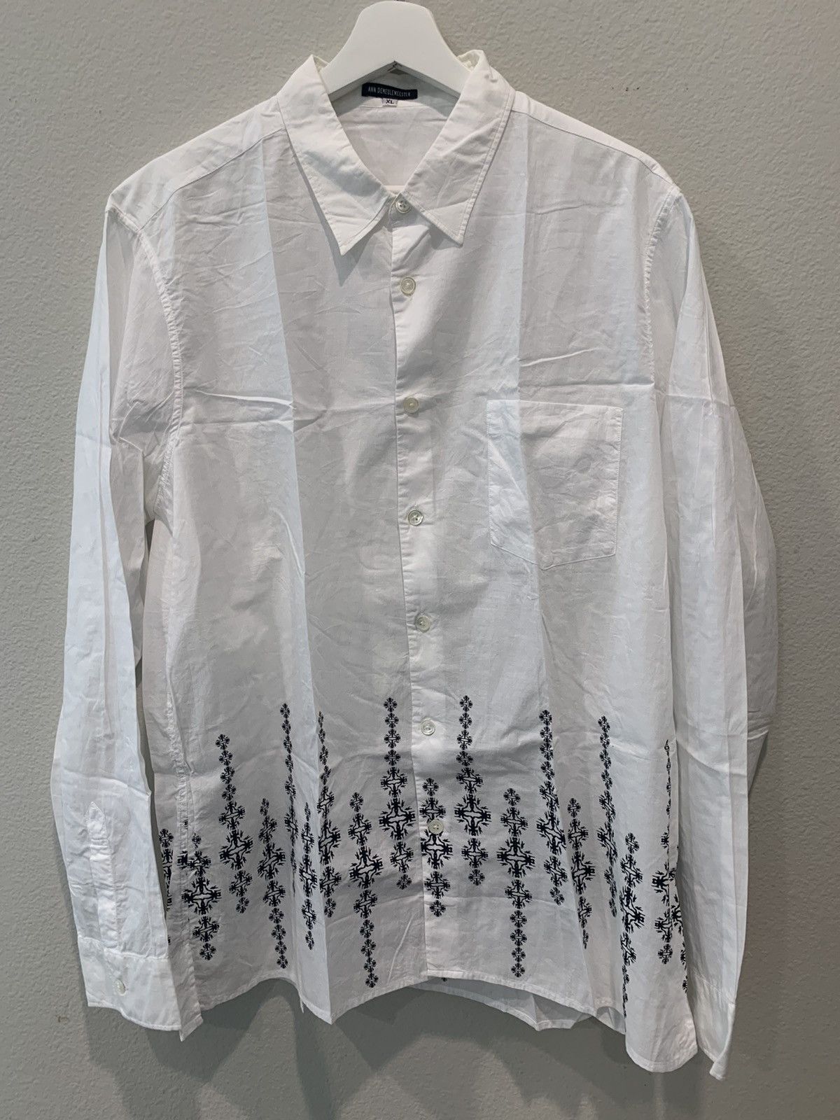 image of Ann Demeulemeester Collard Cotton Button-Down Shirt W/ Screenprints in White, Men's (Size XL)