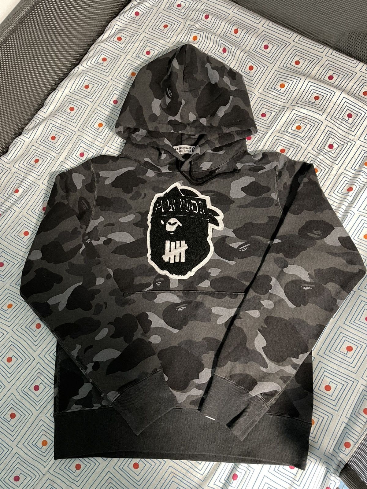 Bape Bape x Undefeated Gangsta Ape Head Logo Black Camo Hoodie | Grailed