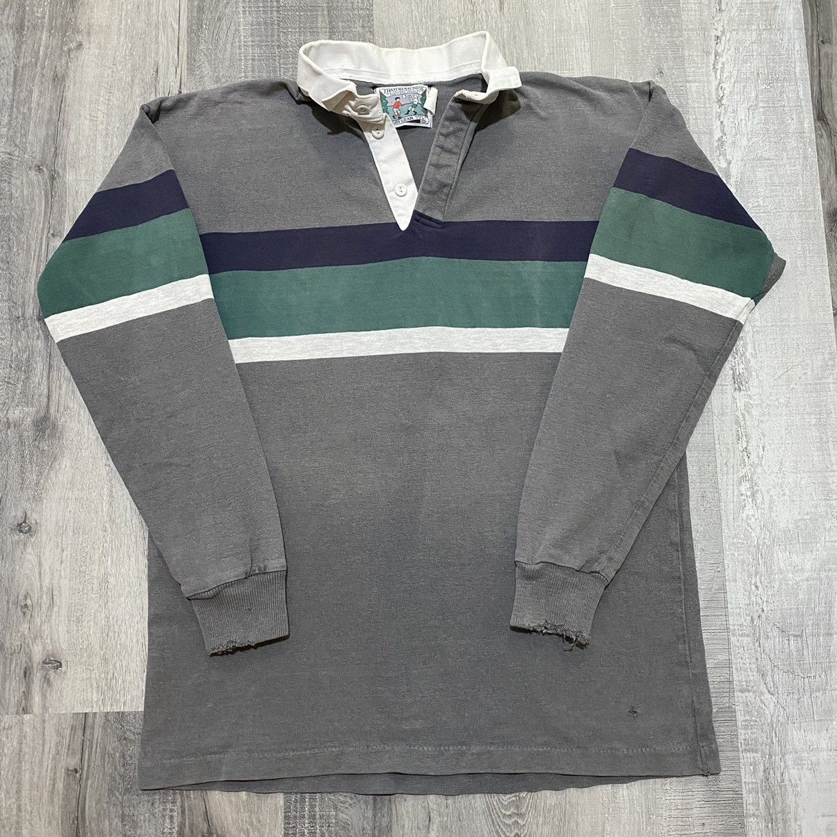 Vintage vintage thatcher cross grey striped 90s rugby polo shirt