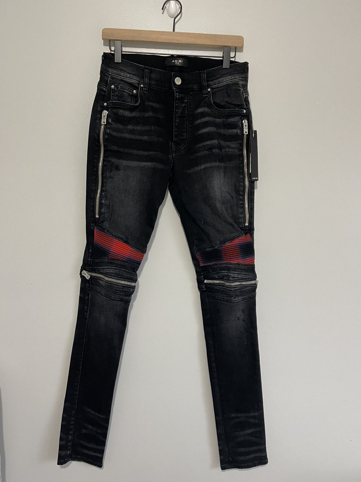 Amiri Amiri MX2 Red Plaid Black Denim Biker Zip Jeans NEW 29 | Grailed