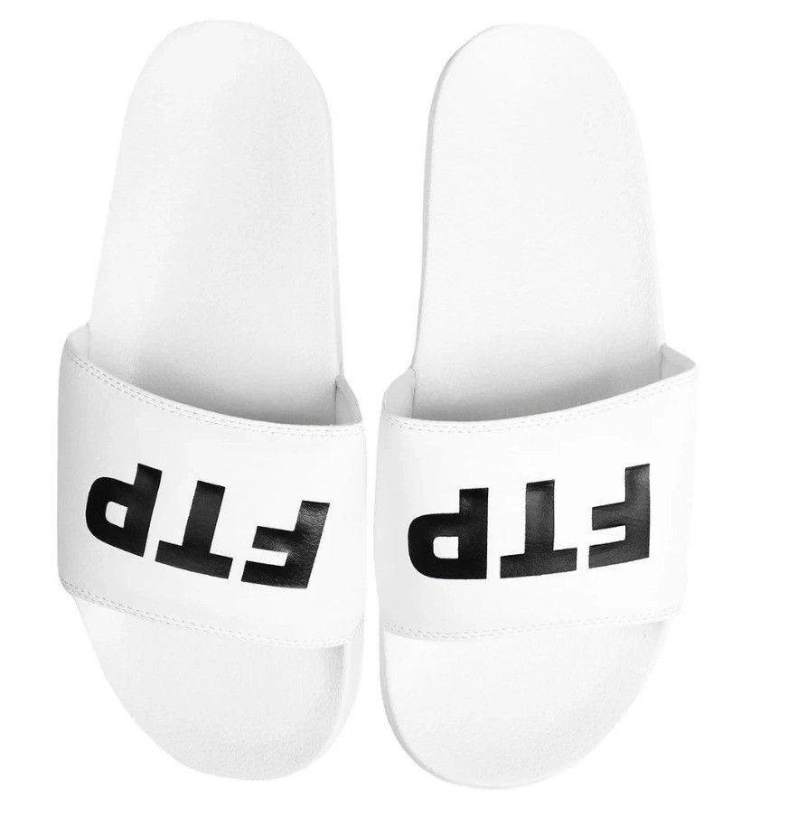 image of Fuck The Population Ftp Upside Down Logo Slides (White), Men's (Size 10)