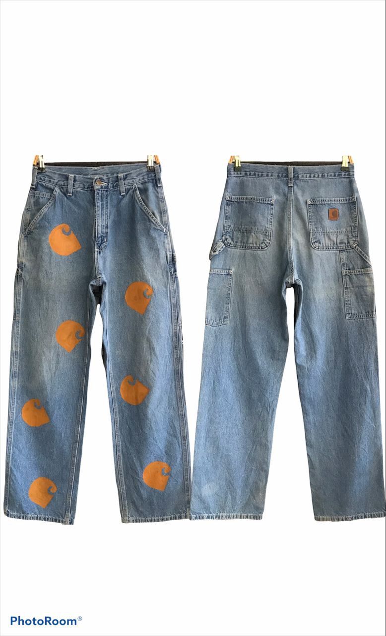 Carhartt × Vintage 💣CARHATT CARPENTER Workwear Custom Multi Logo Denim Jeans Size US 31 - 1 Thumbnail