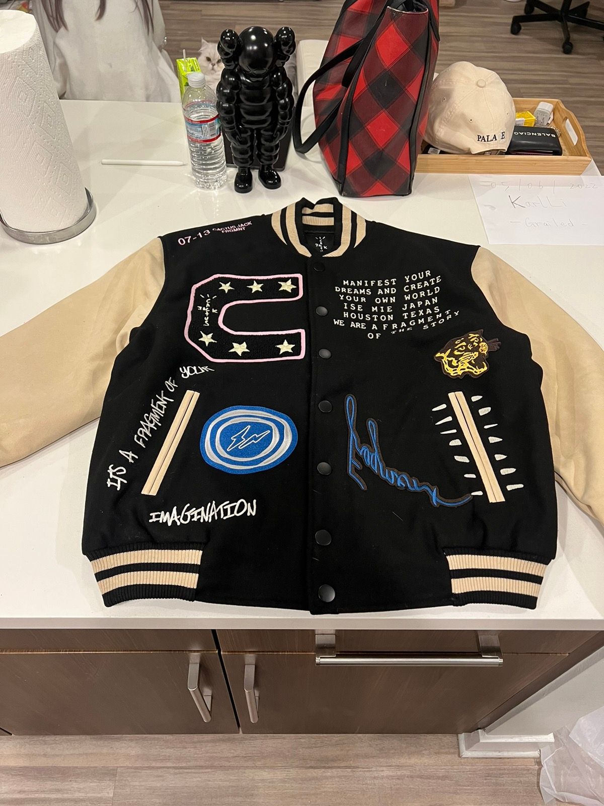Travis Scott Cactus Jack Fragment Manifest Letterman Jacket first look,  sizing and fit 