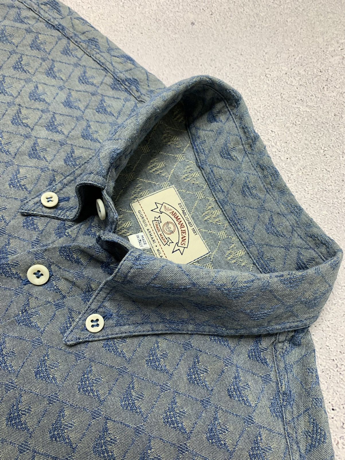 Armani × Vintage Vintage 1990s Armani Monogram Textured Weave Navy Shirt Size US L / EU 52-54 / 3 - 7 Thumbnail