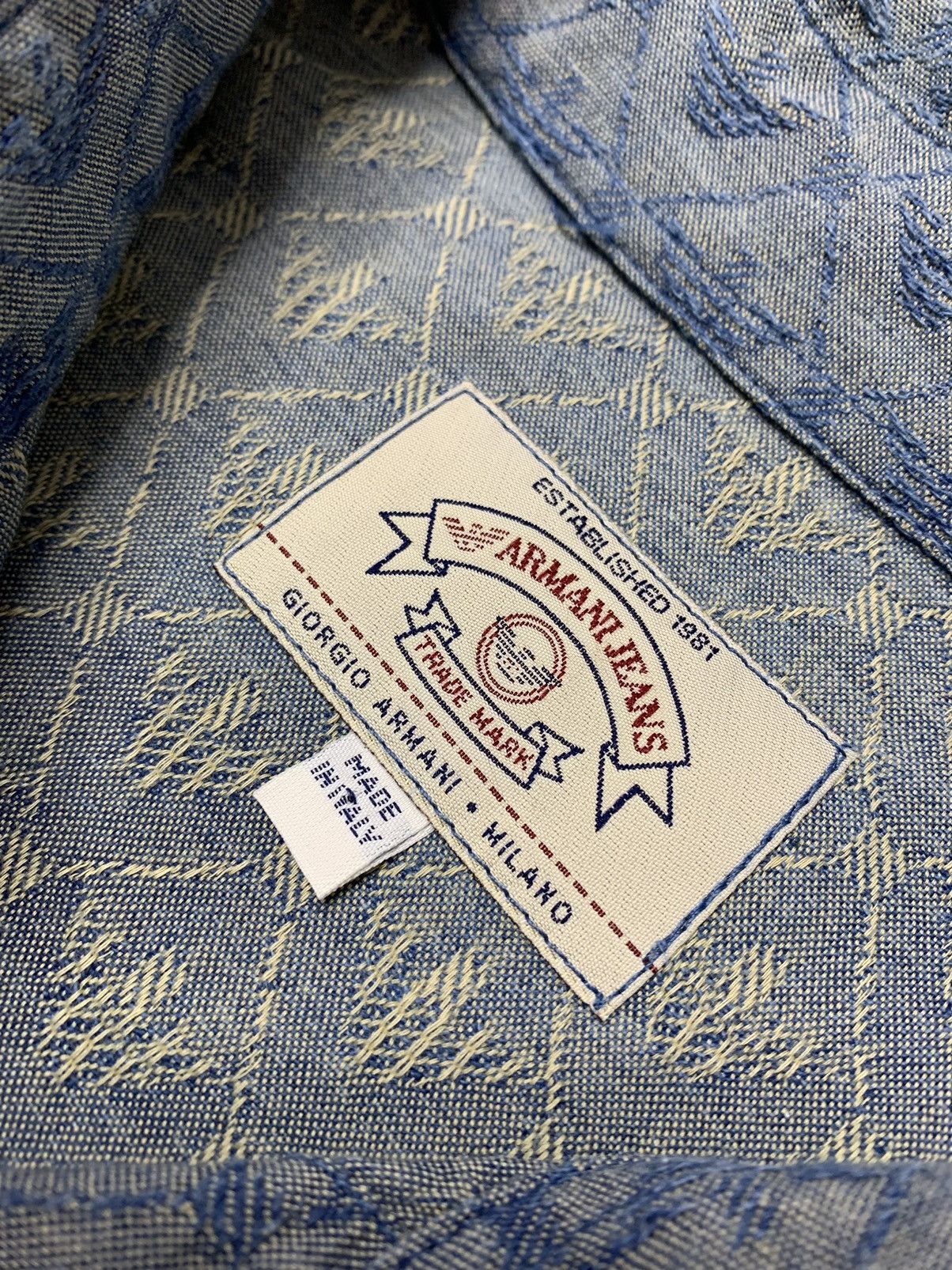 Armani × Vintage Vintage 1990s Armani Monogram Textured Weave Navy Shirt Size US L / EU 52-54 / 3 - 9 Thumbnail