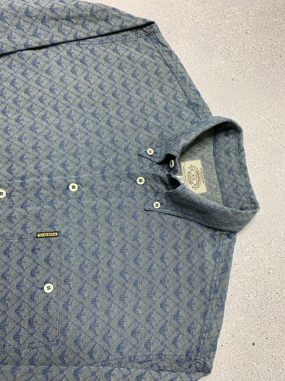 Armani × Vintage Vintage 1990s Armani Monogram Textured Weave Navy Shirt Size US L / EU 52-54 / 3 - 6 Thumbnail