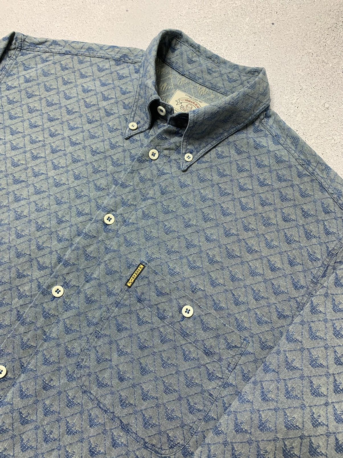 Armani × Vintage Vintage 1990s Armani Monogram Textured Weave Navy Shirt Size US L / EU 52-54 / 3 - 4 Thumbnail