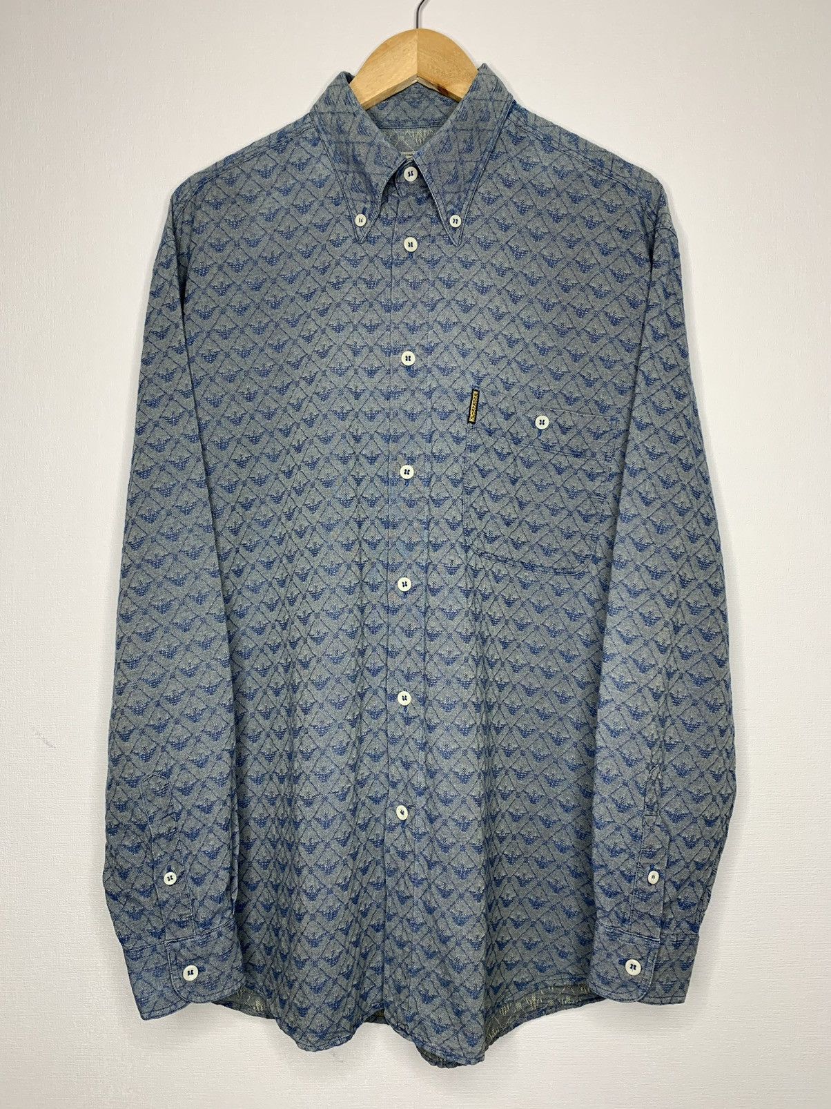 Armani × Vintage Vintage 1990s Armani Monogram Textured Weave Navy Shirt Size US L / EU 52-54 / 3 - 2 Thumbnail