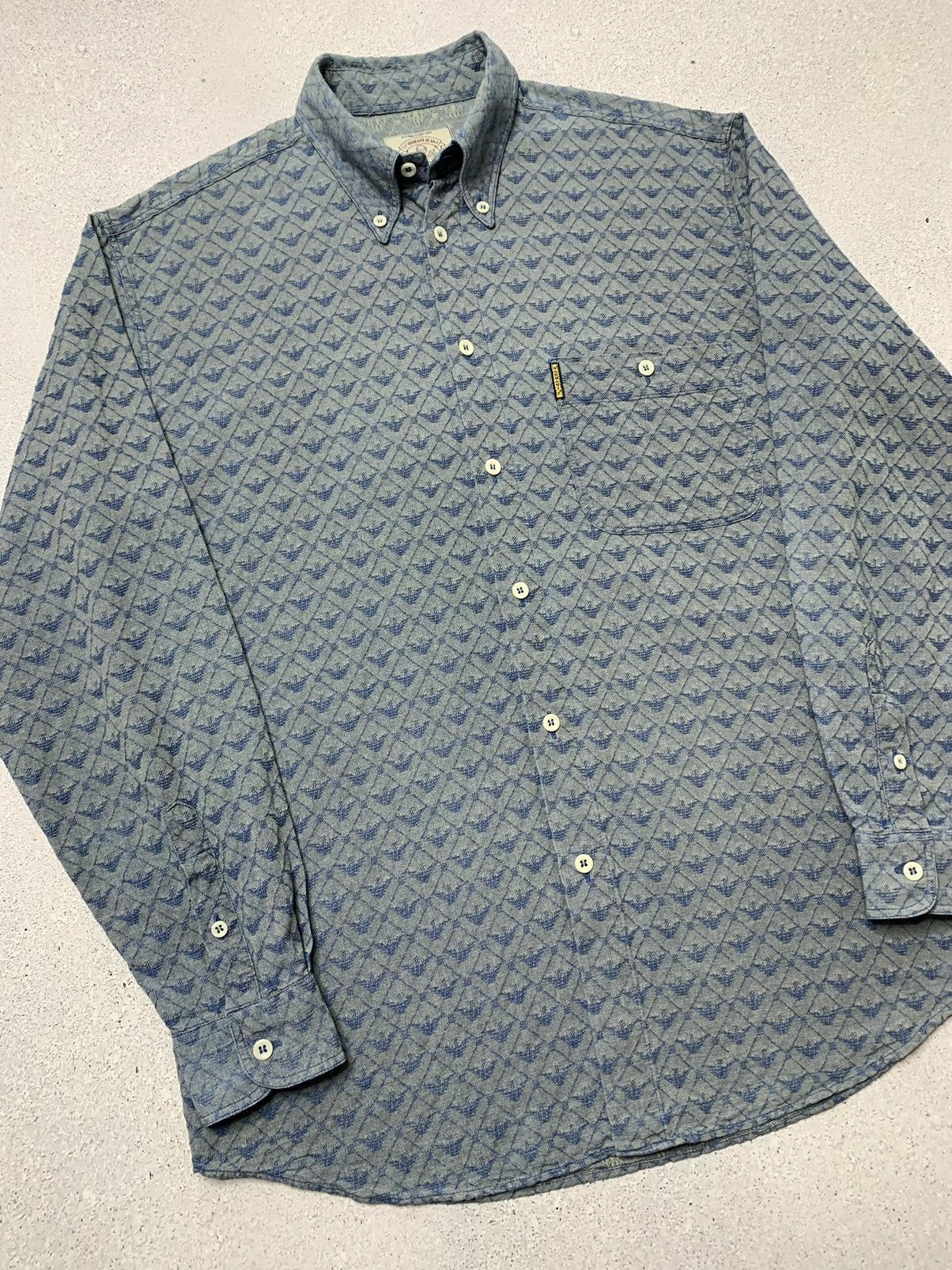 Armani × Vintage Vintage 1990s Armani Monogram Textured Weave Navy Shirt Size US L / EU 52-54 / 3 - 3 Thumbnail