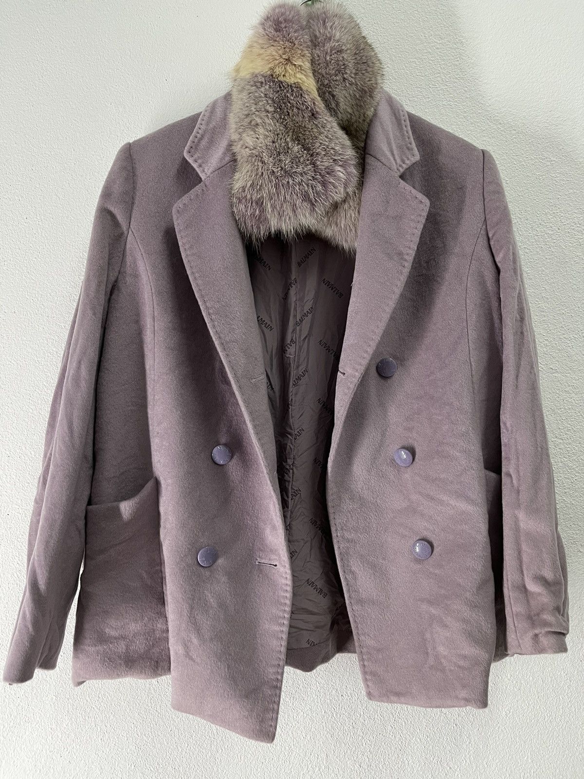 Double Breast Fur Coat by Balmain Paris Monogram silk inside