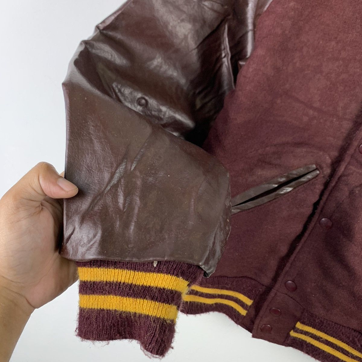 Japanese Brand × Vintage 🔥NK114🔥Vintage Fab-Knit Collared Leather varsity jackets Size US XS / EU 42 / 0 - 5 Thumbnail