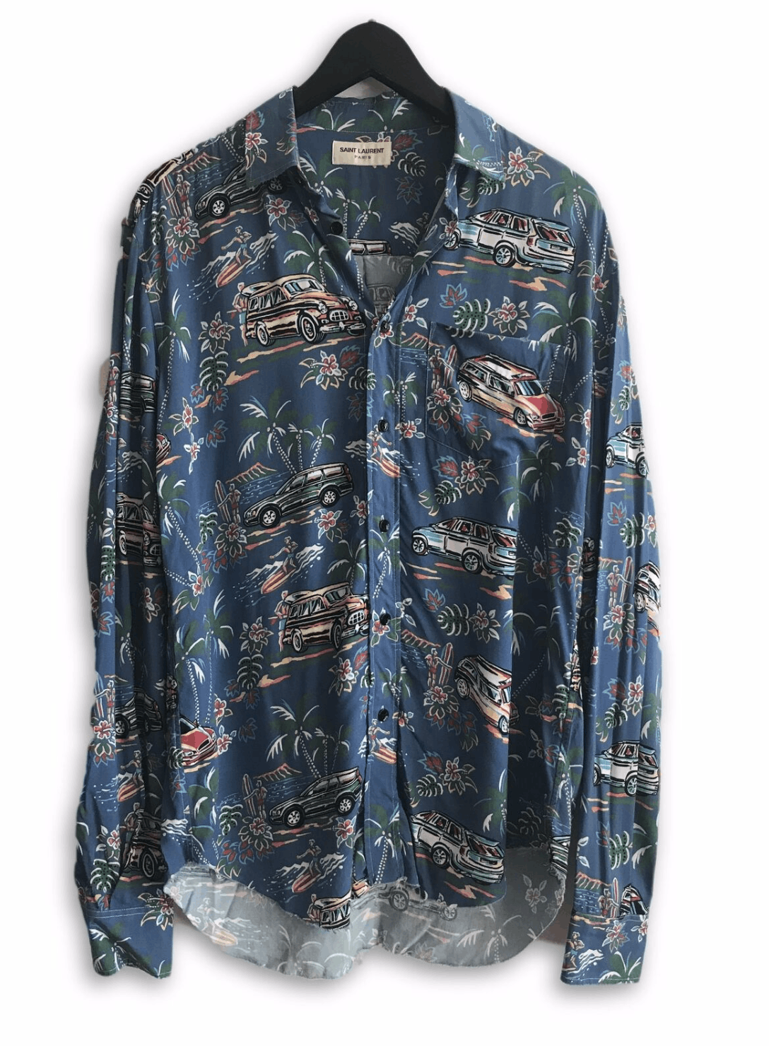 image of Saint Laurent Paris Long Sleeve Blue Car Print Hawaiian 38, Men's (Size XS)