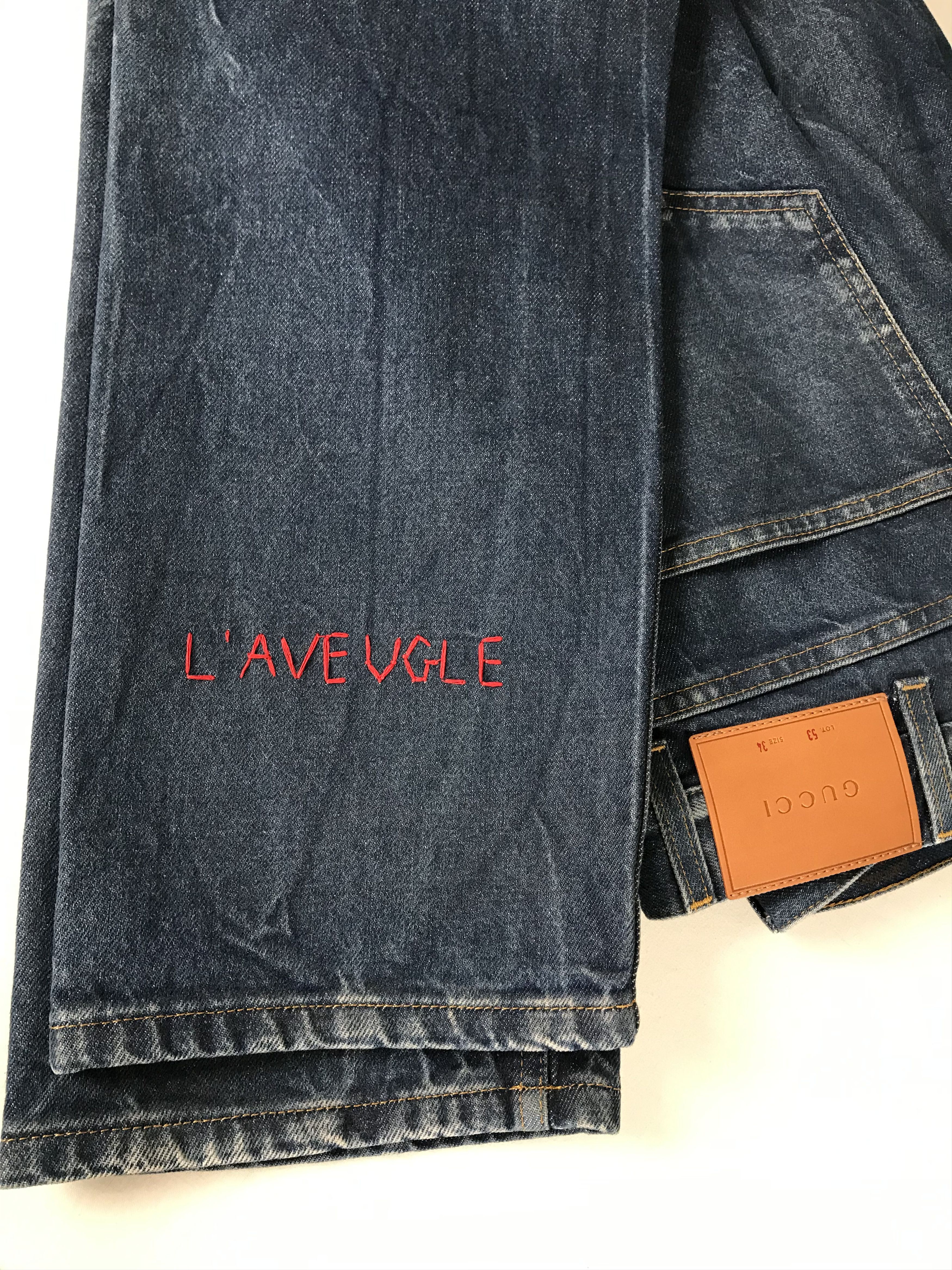 Gucci Gucci Blue Jeans With Red Embroidered Text Size US 34 / EU 50 - 2 Thumbnail