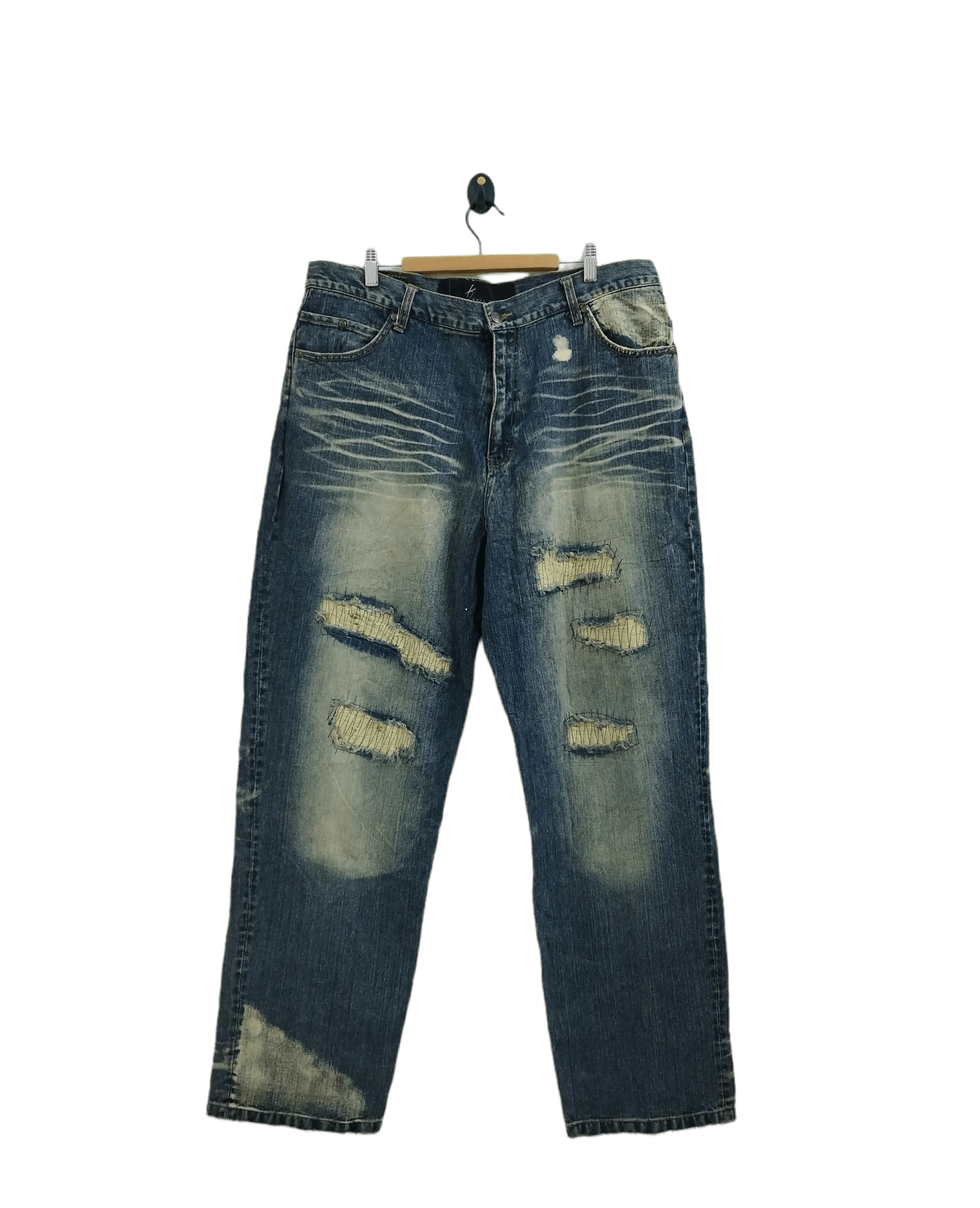 Image of Distressed Denim x Karl Kani Vintage Karl Kani Distressed Boro Denim Jeans in Blue Distressed (Size