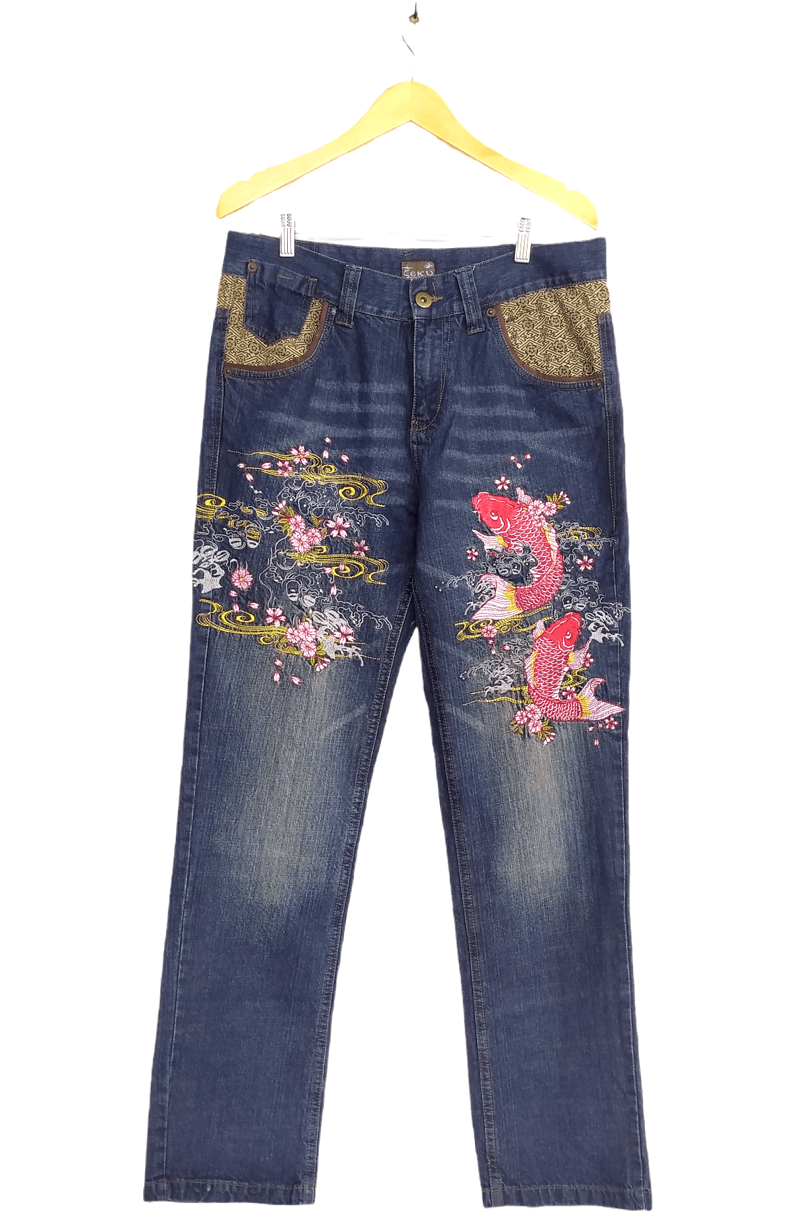 Japanese Brand Geku sukajan koi embroidery denim pants size 34 Size US 34 / EU 50 - 1 Thumbnail