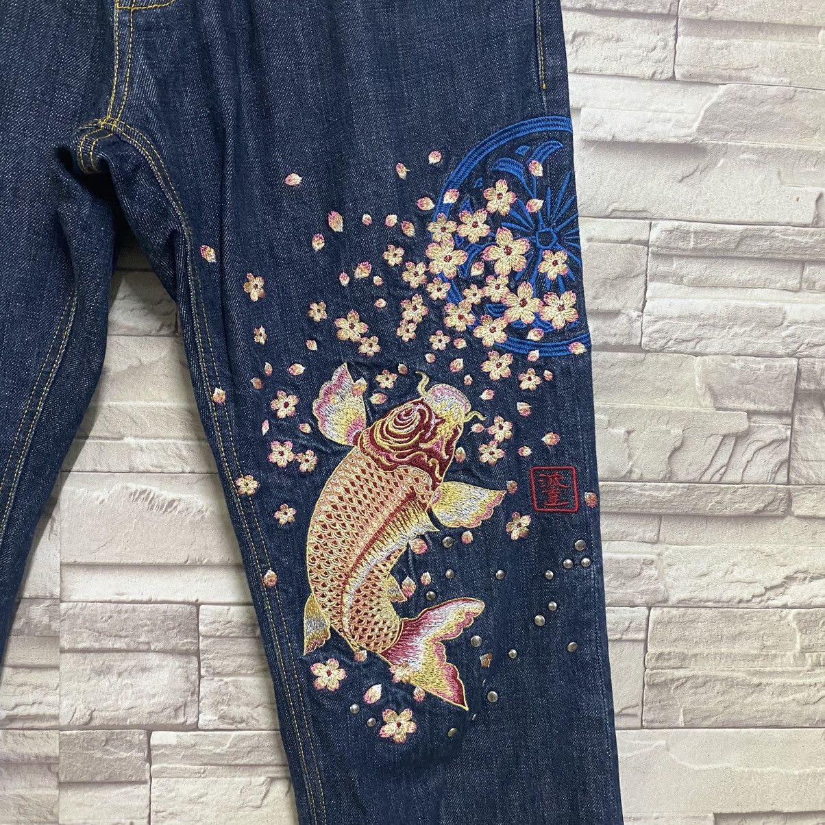 Karakuri Tamashii Japanese Brand NAMITATSU Denim Embroidery Fish Koi Jeans Size US 30 / EU 46 - 5 Thumbnail
