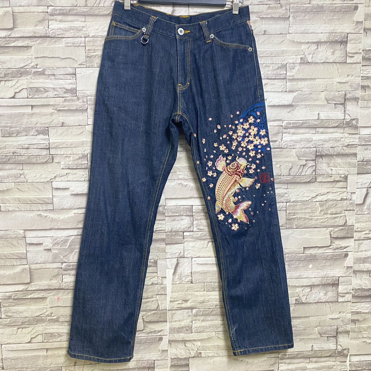Karakuri Tamashii Japanese Brand NAMITATSU Denim Embroidery Fish Koi Jeans Size US 30 / EU 46 - 3 Thumbnail