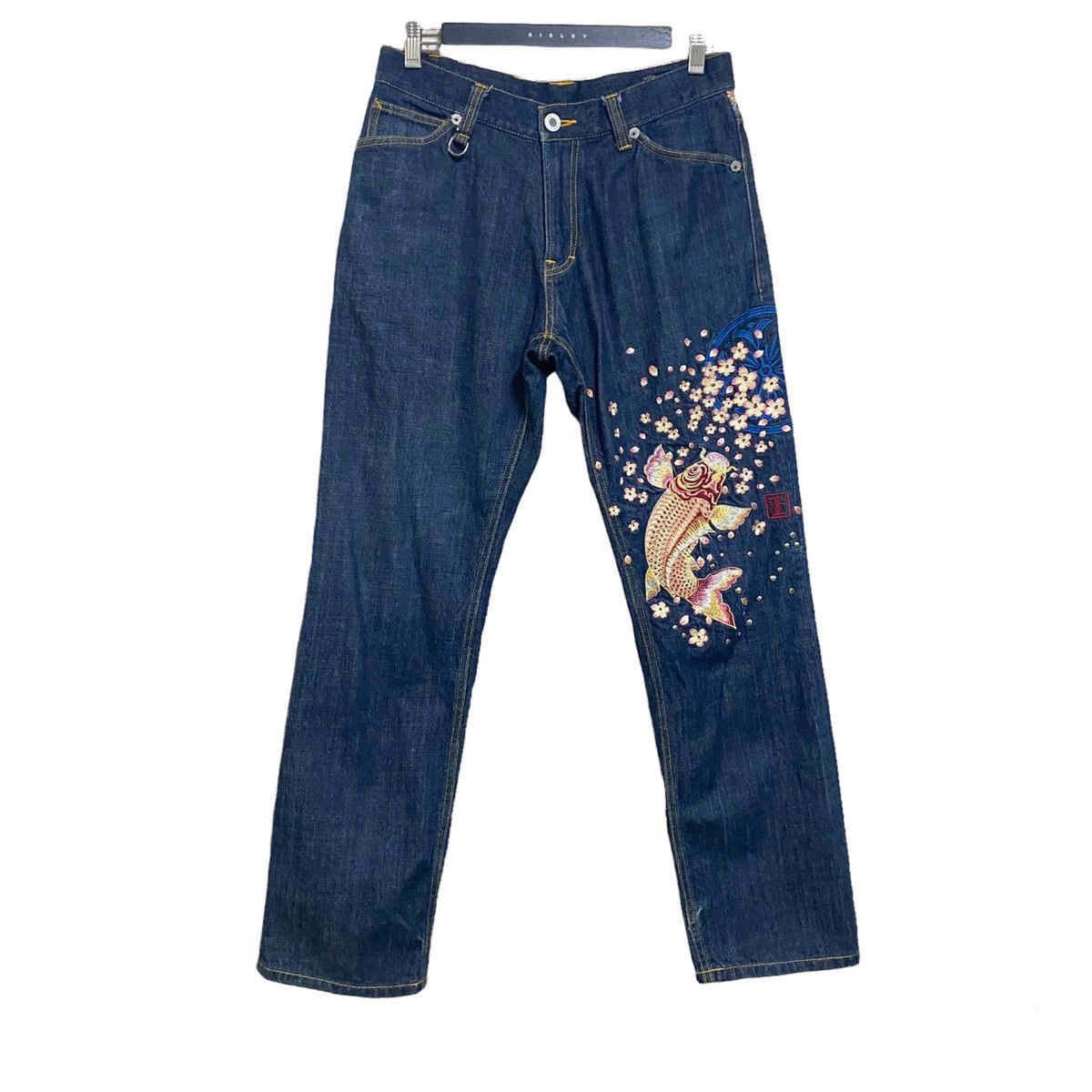 image of Dragonfly x Mafia Namitatsu Denim Embroidery Fish Koi Jeans in Blue, Men's (Size 30)