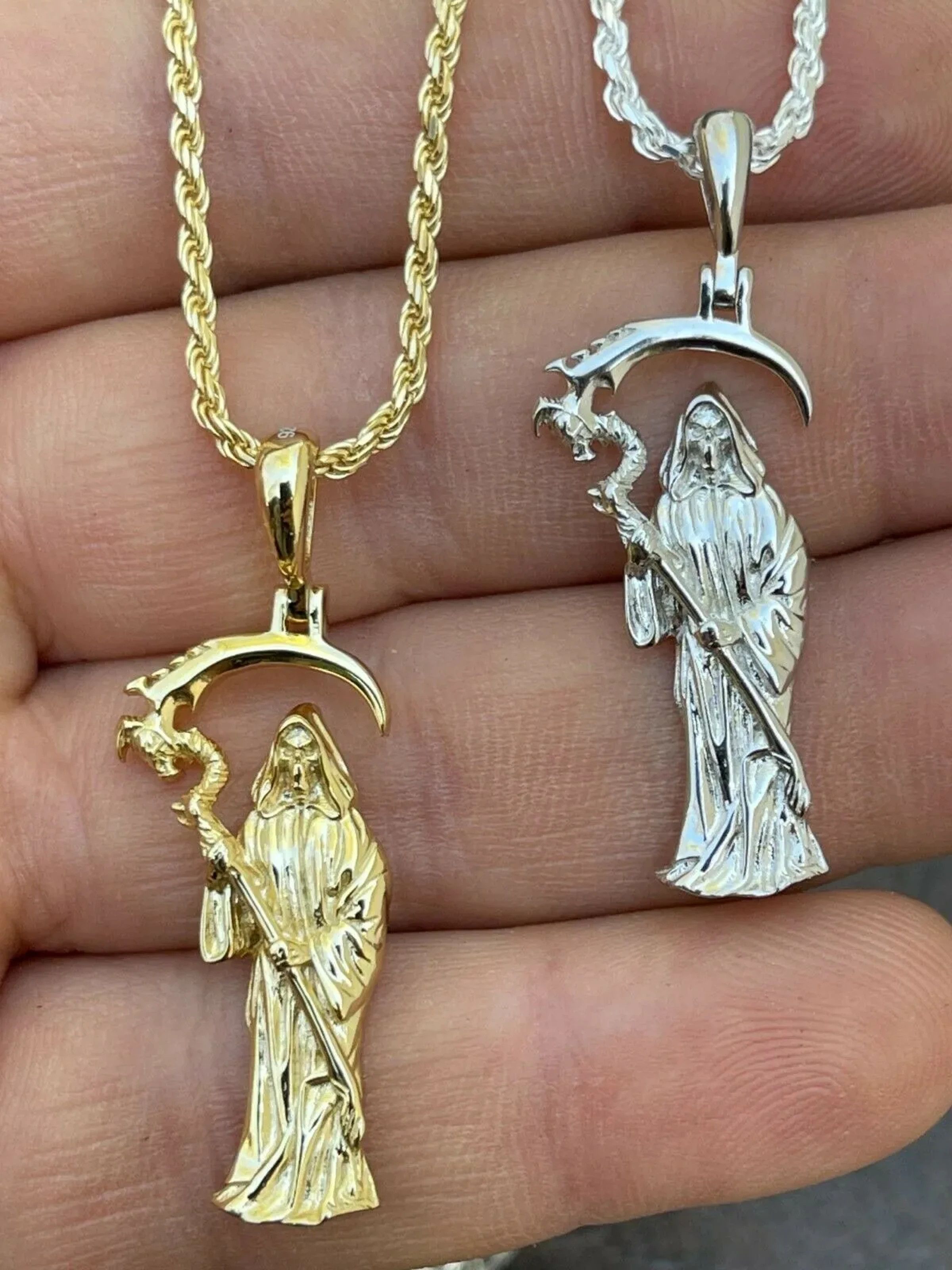 925 Silver Gold Santa Muerte Grim Reaper Death Pendant