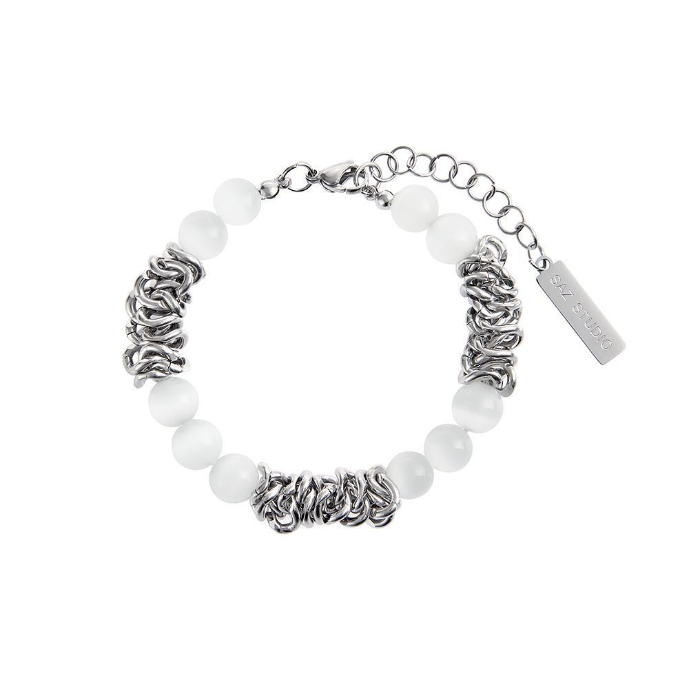 Jewelry × Vintage Trendy White Beaded Titanium Steel Chain Bracelet Size ONE SIZE - 1 Thumbnail