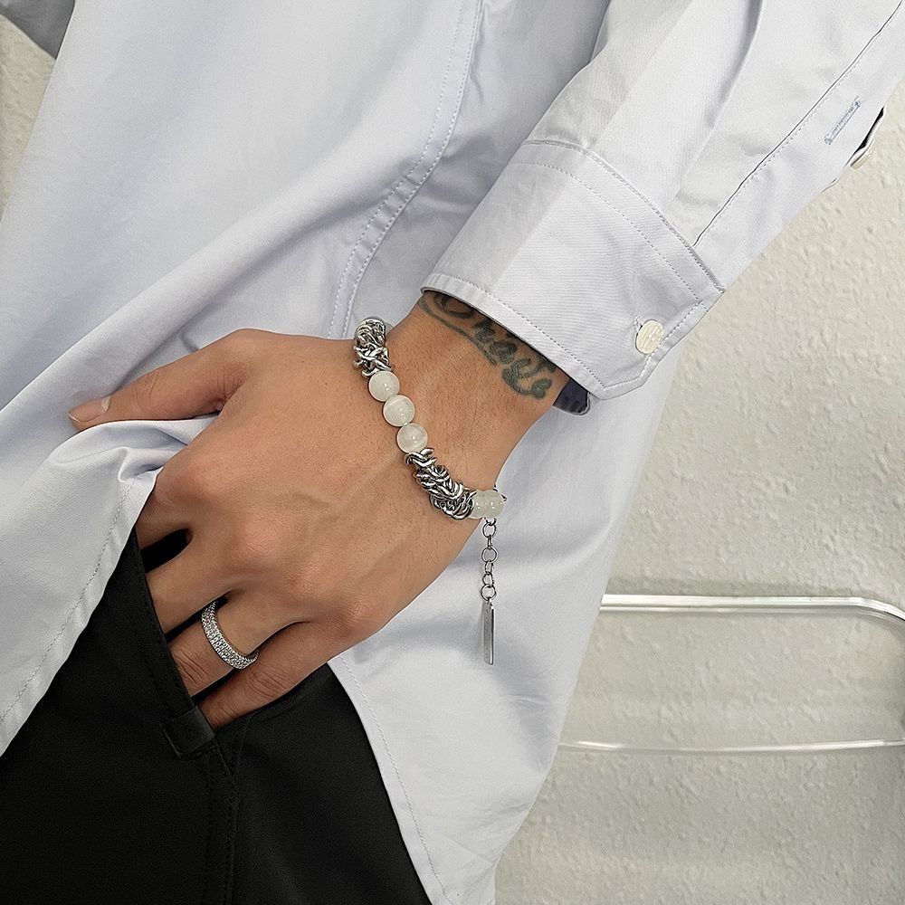 Jewelry × Vintage Trendy White Beaded Titanium Steel Chain Bracelet Size ONE SIZE - 2 Thumbnail