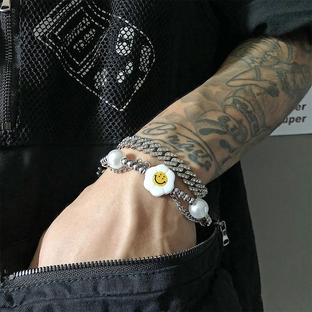 Jewelry × Vintage Smiley Pearl Daisy Pendant Fashion Titanium Steel Bracelet Size ONE SIZE - 2 Thumbnail