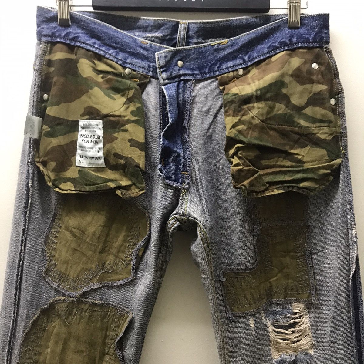 Japanese Brand Nicole Club For Men Distressed Denim Jeans Camo Patchwork Size US 31 - 17 Thumbnail