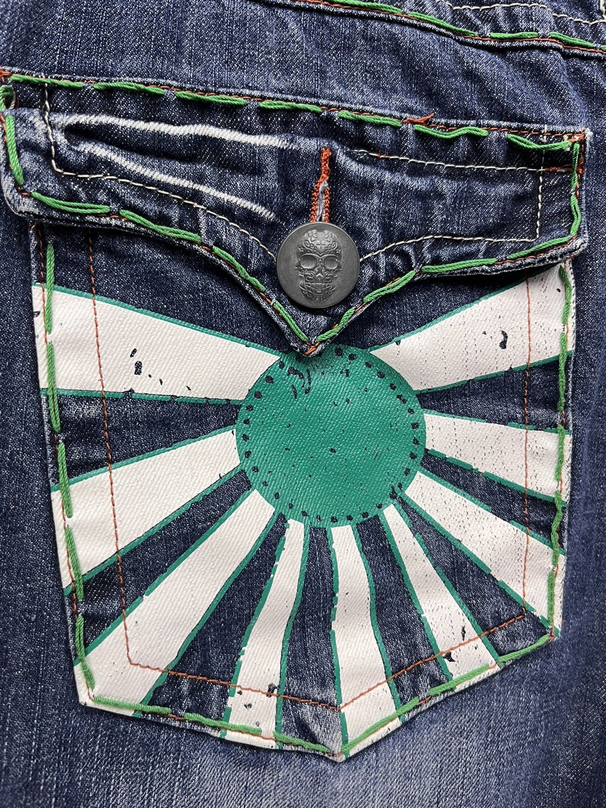 Vintage 90’s LAGUNABEACH Japan’s Rising Sun Skull Button Denim Short Size US 31 - 3 Thumbnail
