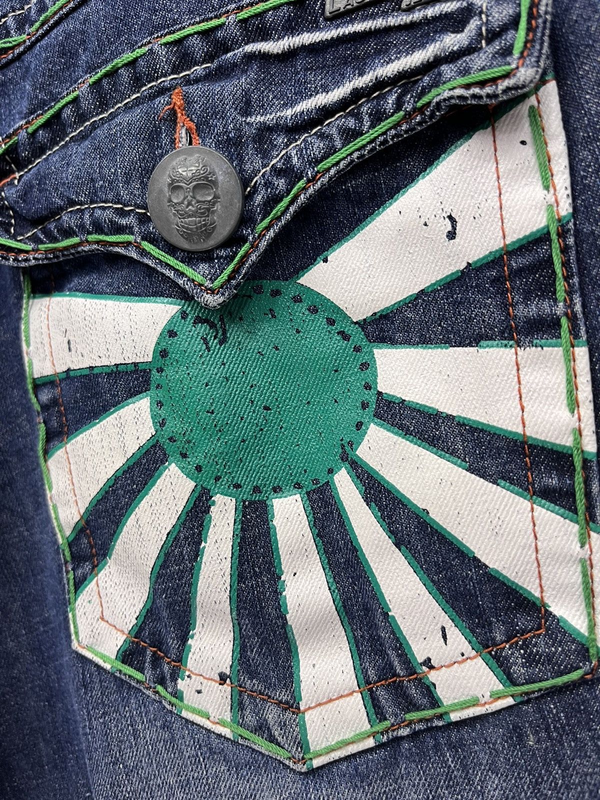 Vintage 90’s LAGUNABEACH Japan’s Rising Sun Skull Button Denim Short Size US 31 - 4 Thumbnail