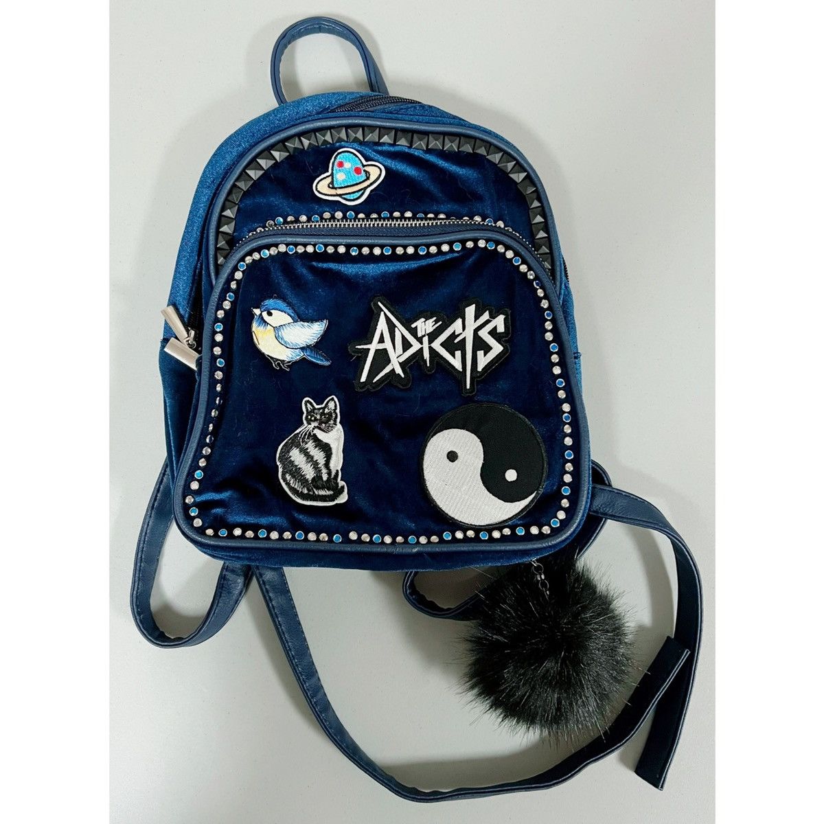 Navy Blue Velvet ‘The Adicts’ Patches Backpack Bag Purse 🖤🪐