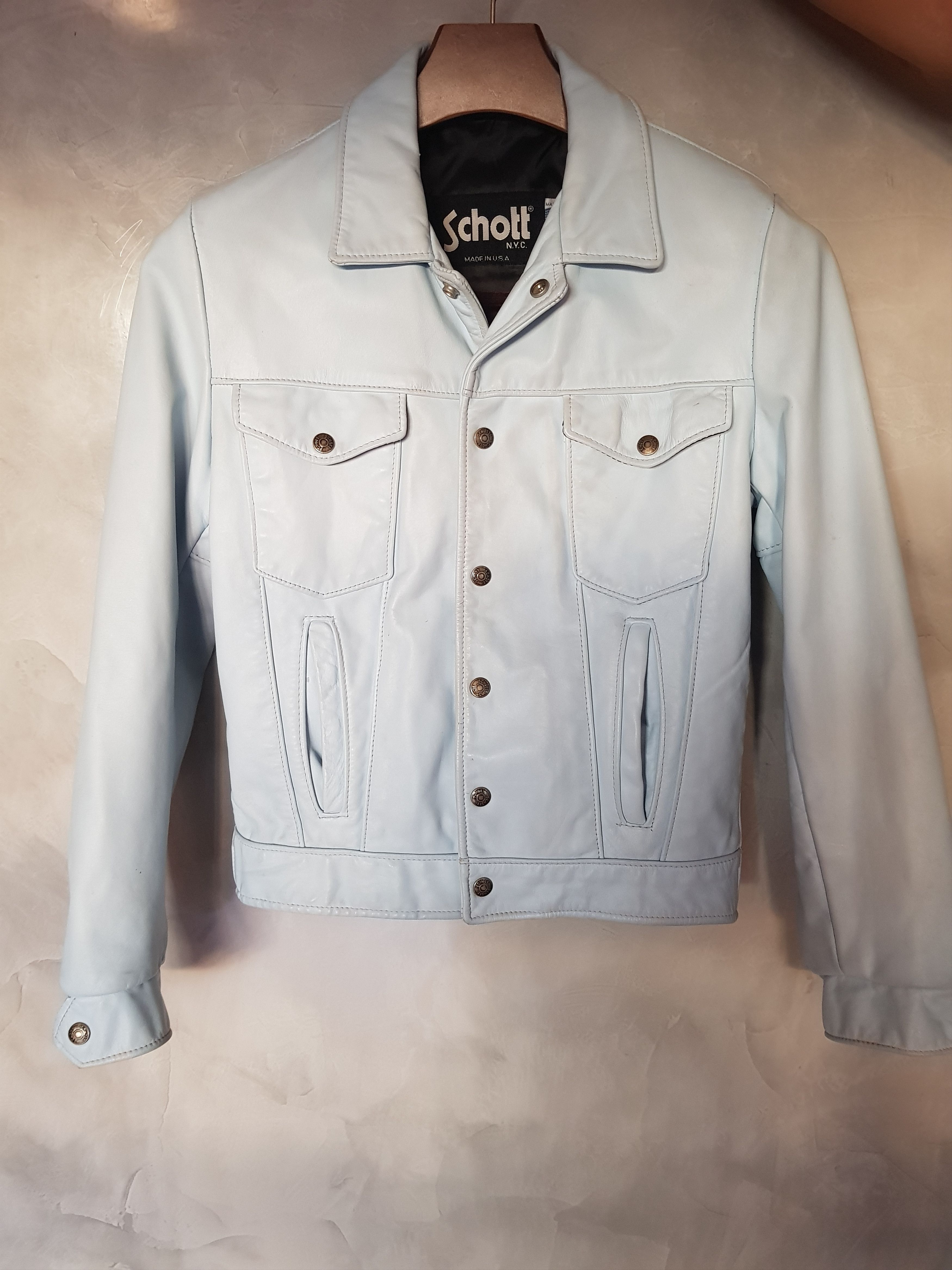 image of Vintage Schott Leather Trucker Jacket in Light Blue, Men's (Size Small)