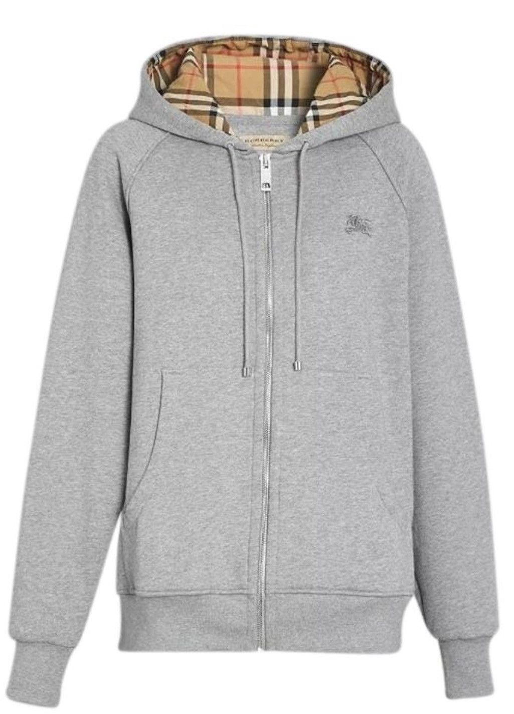 Image of Burberry Check Zipper Hoodie in Grey, Men's (Size XL)