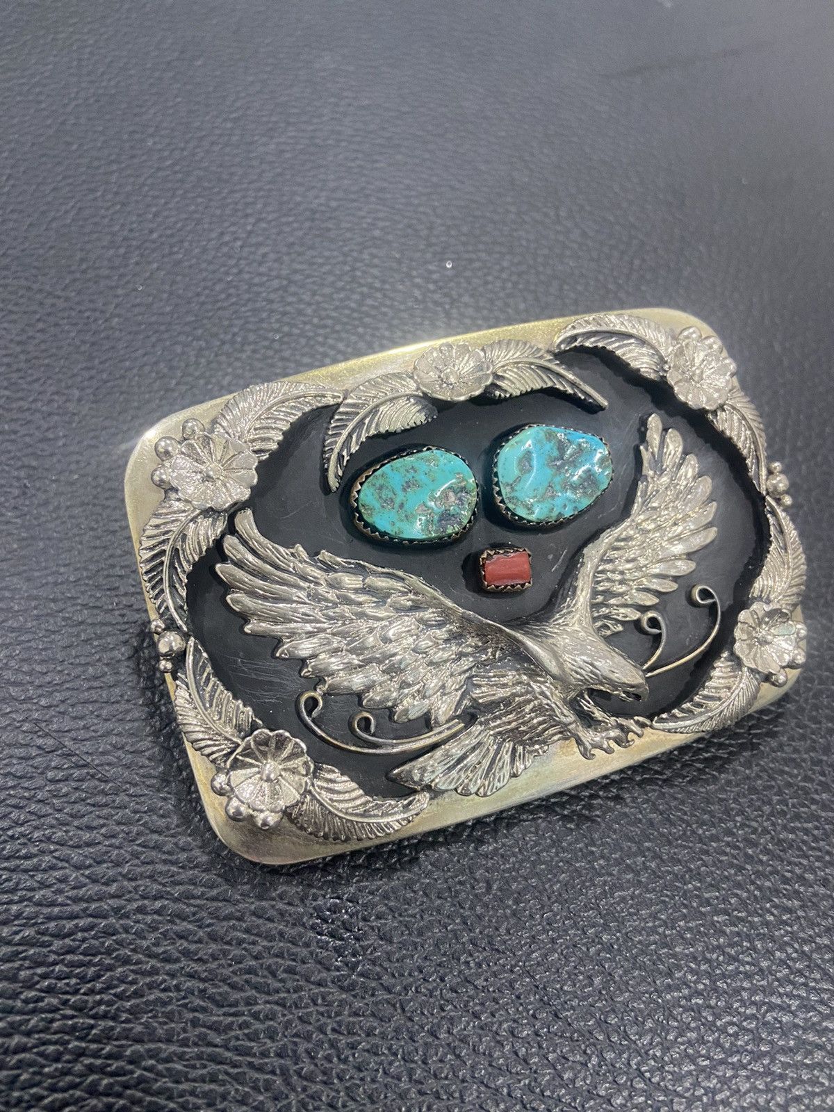 Other Sterling Silver Eagle Turquoise And Red Coral Belt Buckle Size ONE SIZE - 3 Thumbnail