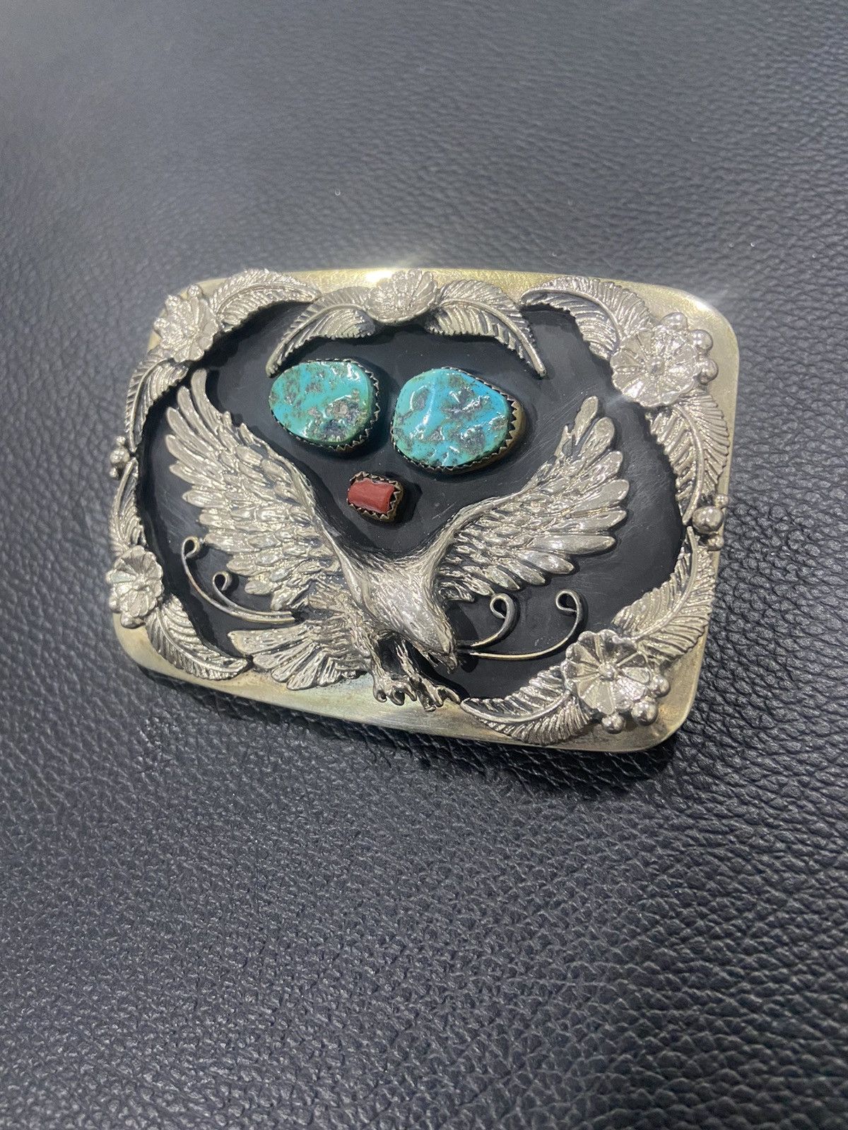 Other Sterling Silver Eagle Turquoise And Red Coral Belt Buckle Size ONE SIZE - 4 Thumbnail